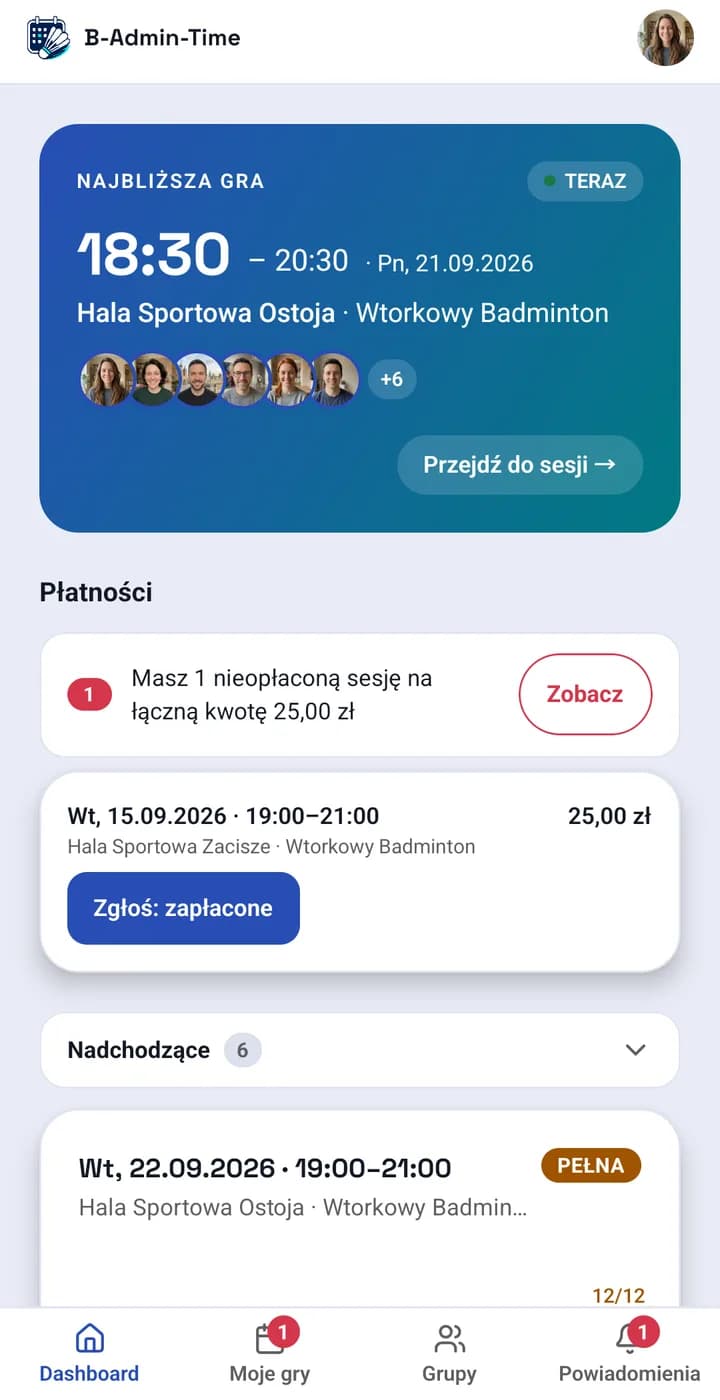Ekran aplikacji: pulpit gracza z kartą „trwa teraz” i płatnością do uregulowania