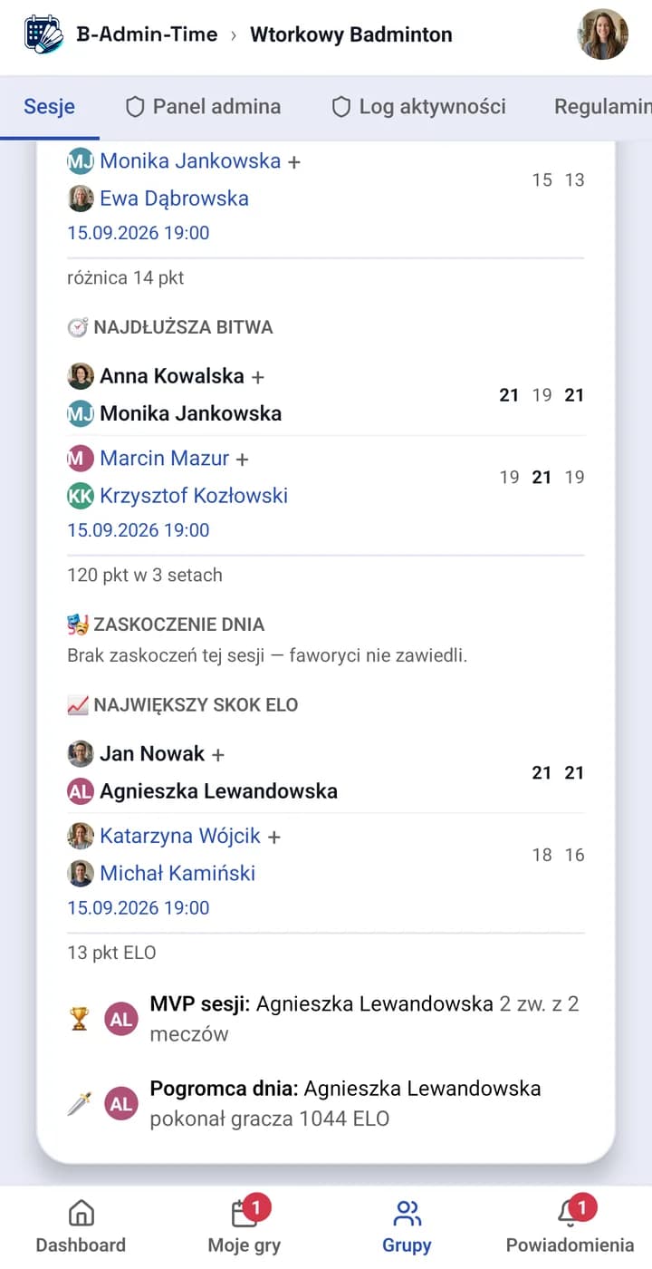 Ekran aplikacji: podsumowanie sesji z wyróżnieniami meczowymi