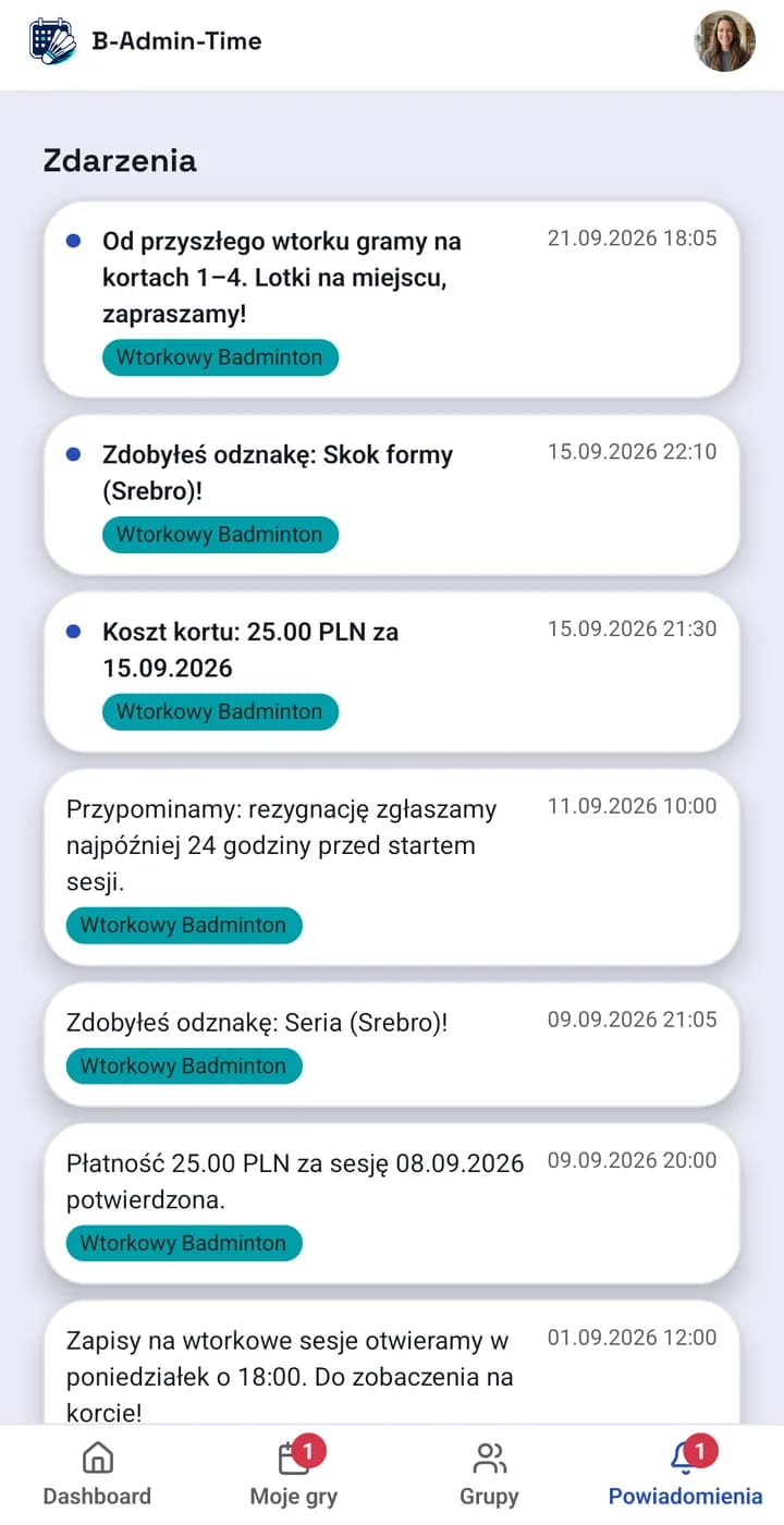 Ekran aplikacji: lista powiadomień i ogłoszenie grupy