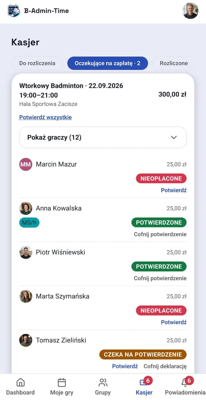 Ekran aplikacji: rozliczenie sesji ze statusami płatności graczy — potwierdzone, niezapłacone, zadeklarowane