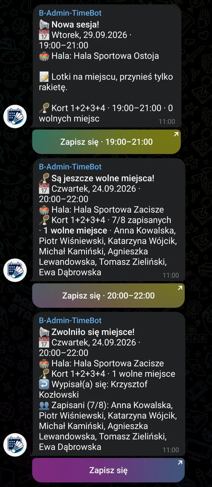 Telegram: wiadomości bota grupy o nowej sesji i wolnych miejscach