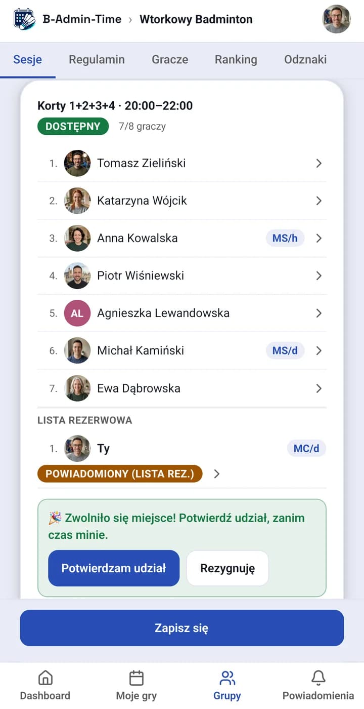 Ekran aplikacji: oferta zwolnionego miejsca z listy rezerwowej i ograniczonym czasem na potwierdzenie